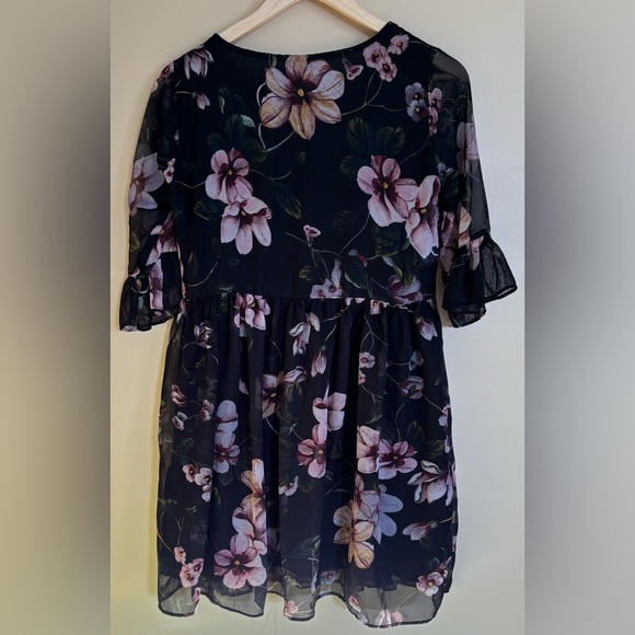 ChenZhou| Navy & Violet Floral Ruffled 3/4 Sleeve Swing Dress Sz M - Picture 5 of 6